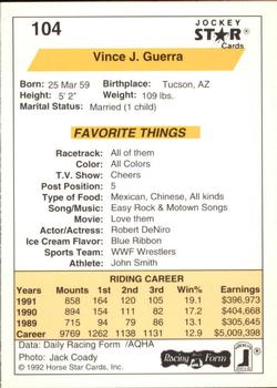 1992 Jockey Star #104 Vince J. Guerra Back